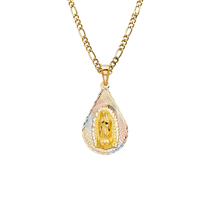 14k Gold Virgin Mary Necklace - Tri Color Diamond Cut Teardrop Virgin Mary Gold Pendant - Solid Chain - LE0342