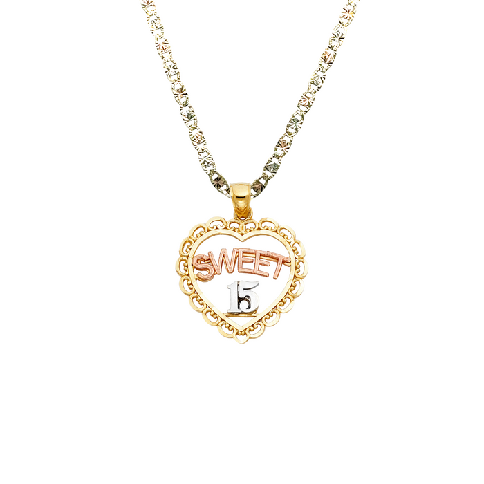 14k Quince Gold Necklace - Tri Tone Heart Sweet 15 Gold Pendant - Solid Chain - LE1905