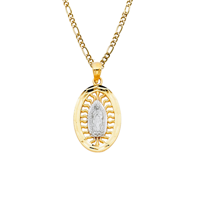 14k Gold Virgin Mary Necklace - Two Tone Radiant Virgin Mary Gold Pendant - Solid Chain - LE1103
