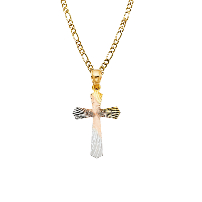 14k Gold Cross Necklace - Tri Tone Diamond Cut Gold Cross - Solid Chain - LE1419