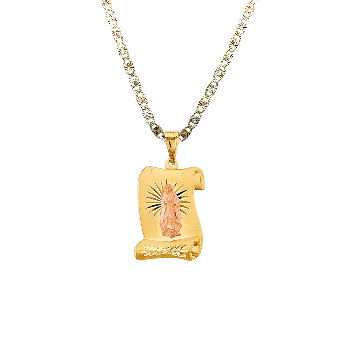 14k Gold Virgin Mary Necklace - Diamond Cut Scroll Virgin Mary Gold Pendant - Solid Chain - LE2893