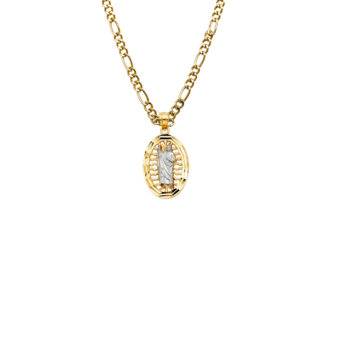 14k Gold San Judas Chain - Two Tone Oval Radiant San Judas Gold Pendant - Solid Chain - LE1142