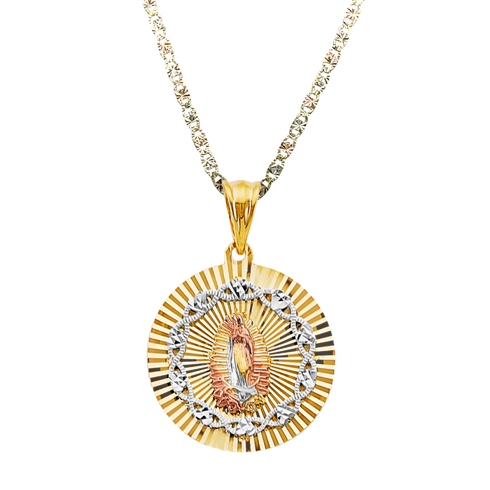 14k Gold Virgin Mary Necklace - Large Two Tone Diamond Cut Virgin Mary Gold Pendant - Solid Chain - LE3199