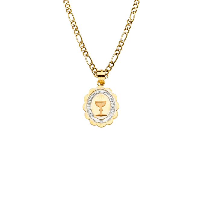 14k Gold First Communion Necklace - Tri Tone Mi Primera Comunion Gold Pendant - Solid Chain - LE2278