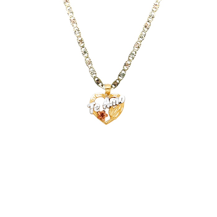 14k Gold Heart Necklace - Tri Tone Te Amo Flower Gold Heart Pendant - Solid Chain - LE1858