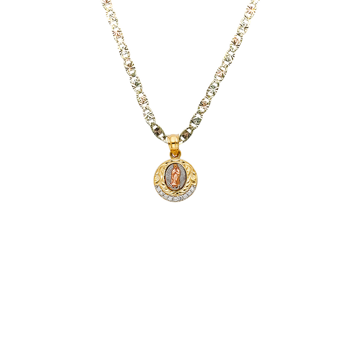 14k Gold Virgin Mary Necklace - Tri Tone Gemstone Virgin Mary Gold Pendant - Solid Chain - LE1132