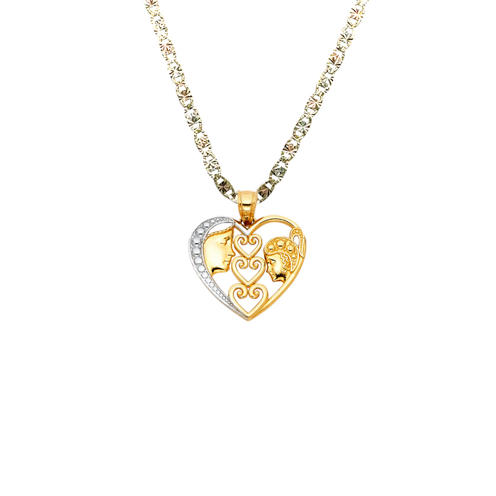 14k Gold Mom Necklace - Mother Daughter Two Tone Heart Gold Pendant - Solid Chain - LE0421