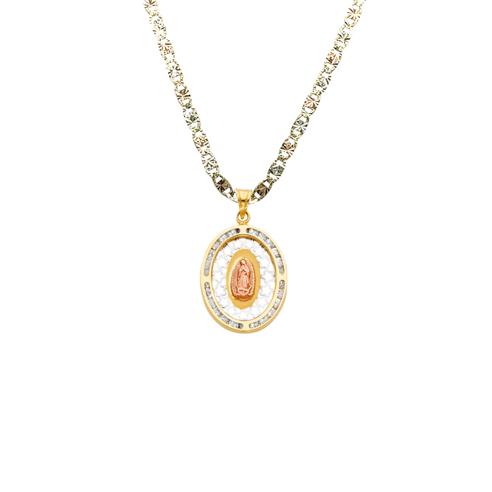 14k Gold Virgin Mary Necklace - Oval Gemstone Virgin Mary Gold Pendant - Solid Chain - LE1303