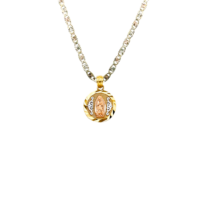 14k Gold Virgin Mary Necklace - Tri Tone Diamond Cut Round Virgin Mary Gold Pendant - Solid Chain - LE2817
