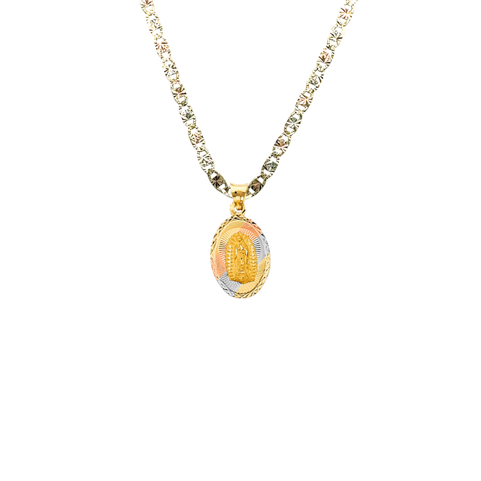 14k Gold Virgin Mary Necklace - Tri Tone Double Sided Diamond Cut Virgin Mary Jesus Gold Pendant - Solid Chain - LE3146