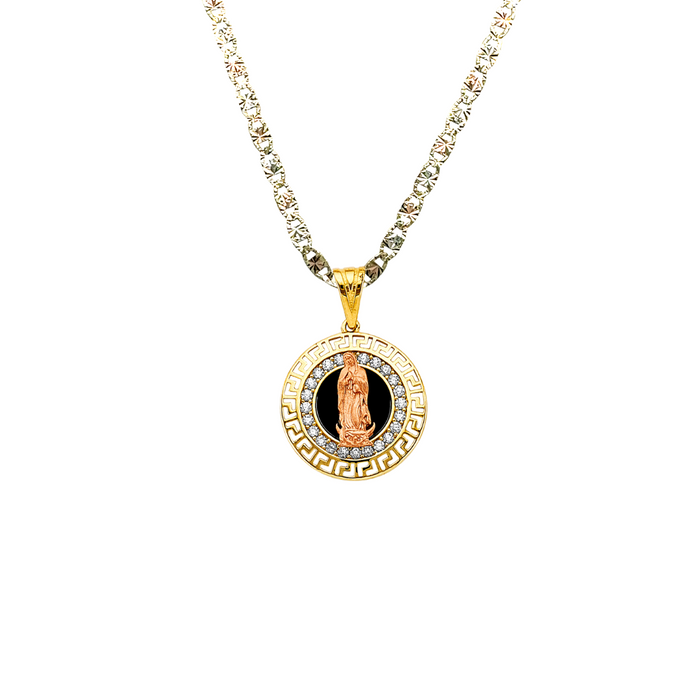 14k Gold Virgin Mary Necklace - Two Tone Black Stone Greek Design Bezel Virgin Mary Gold Pendant - Solid Chain - LE2814