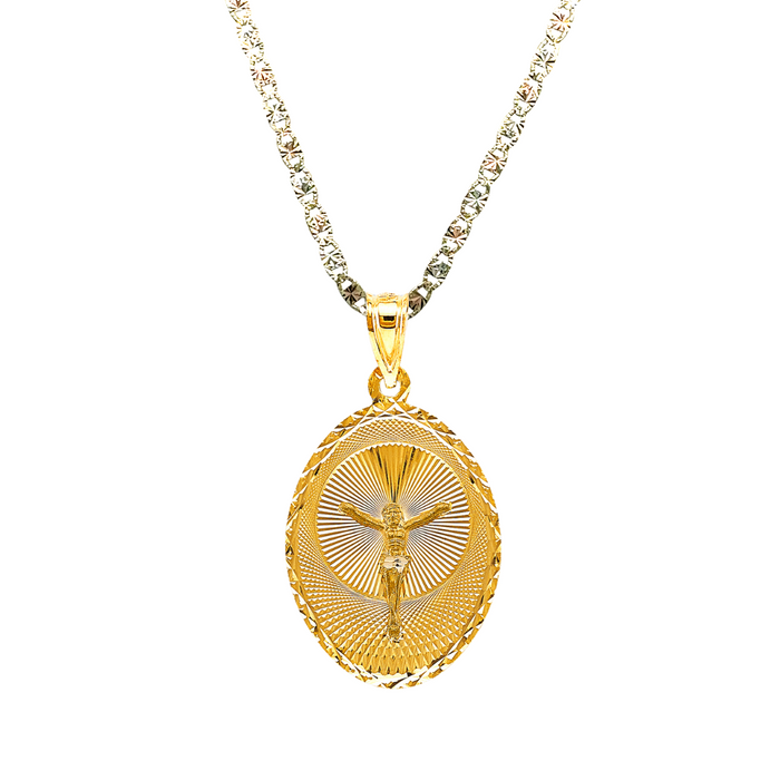 14k Gold Jesus Necklace - Diamond Cut Oval Jesus Gold Pendant - Solid Chain - LE2884