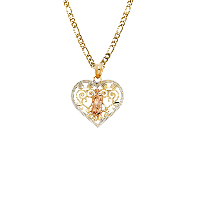 14k Gold Virgin Mary Necklace - Two Tone Heart Virgin Mary Gold Pendant - Solid Chain - LE0386