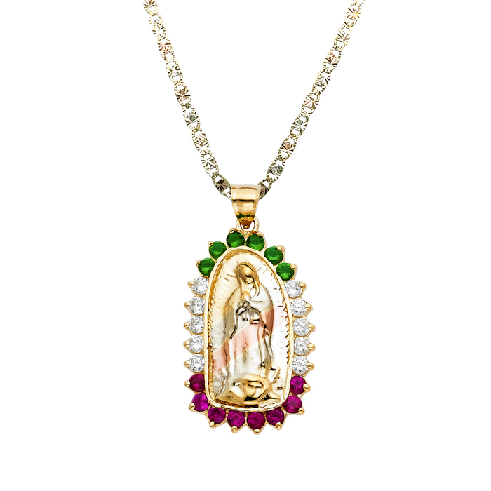 14k Gold Virgin Mary Necklace - Tri Color Gemstone Virgin Mary Gold Pendant - Solid Chain - LE1073