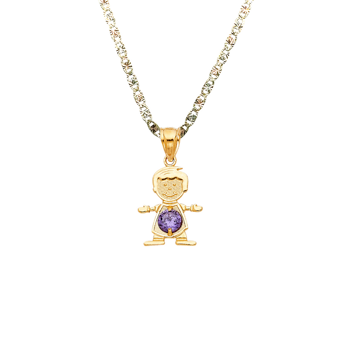 14k Gold Birthstone Necklace - February Boy Son Niño Gemstone Gold Pendant - Solid Chain - LE066102