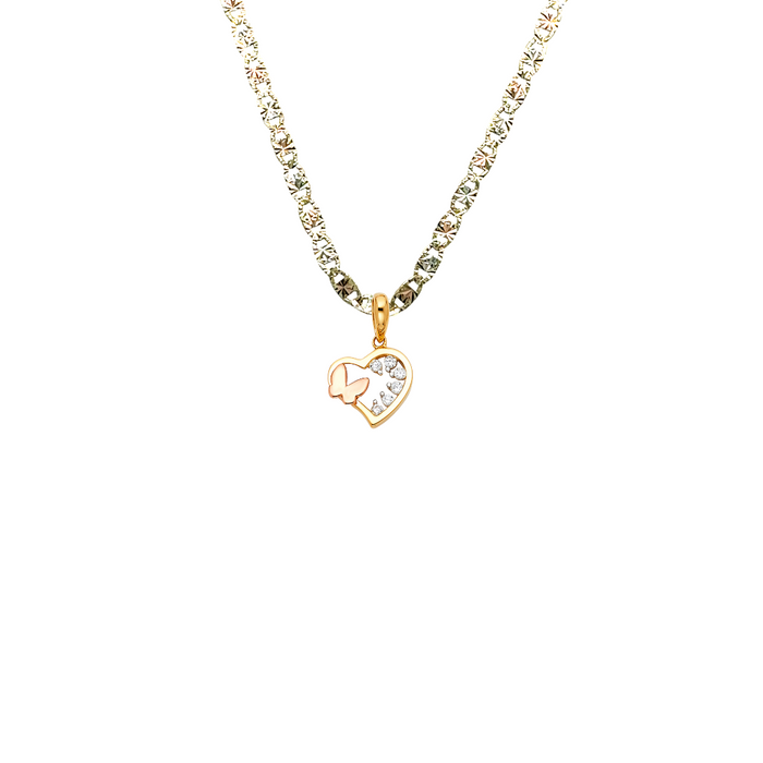 14k Gold Heart Necklace -  Butterfly Gemstone Gold Heart Pendant - Solid Chain - LE1793