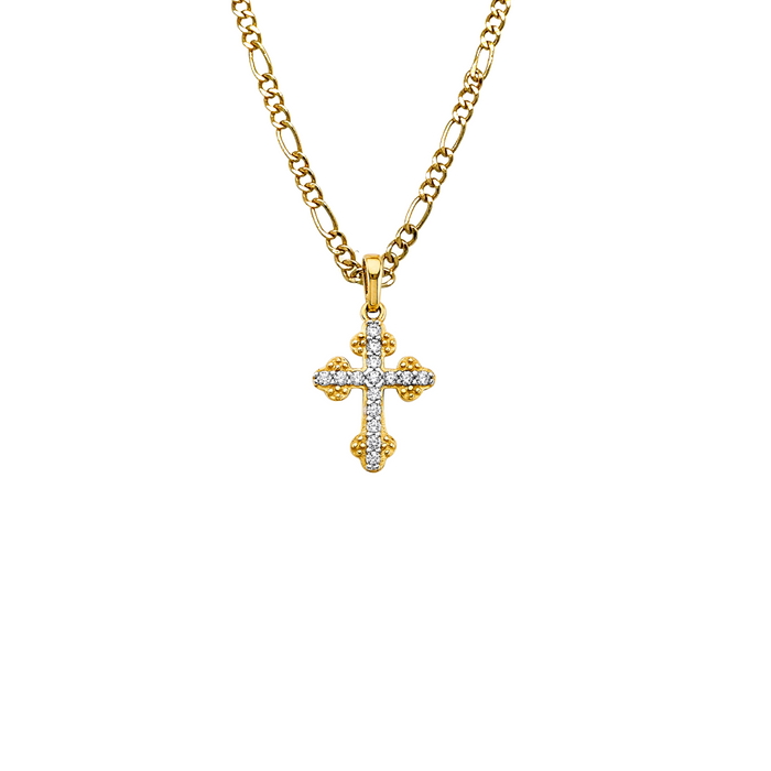 14k Gold Cross Necklace - Fancy Gemstone Gold Cross - Solid Chain - LE2614