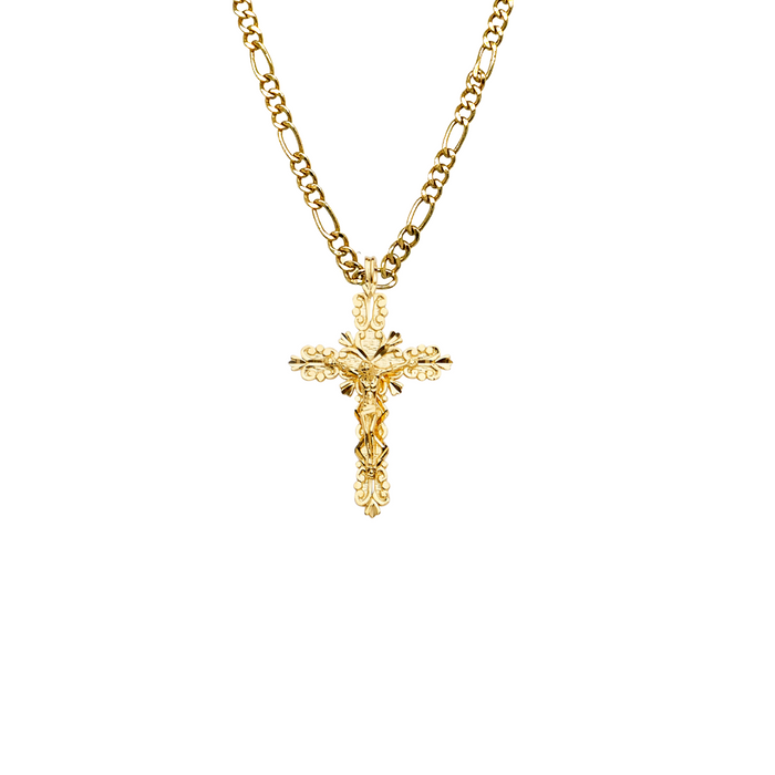 14k Gold Cross Necklace - Fancy Design Gold Crucifix - Solid Chain - LE2186