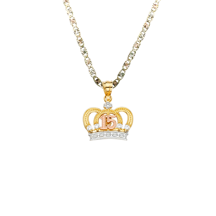 14k Quince Gold Necklace - Tri Tone Gemstone Crown 15 Gold Pendant - Solid Chain - LE2147