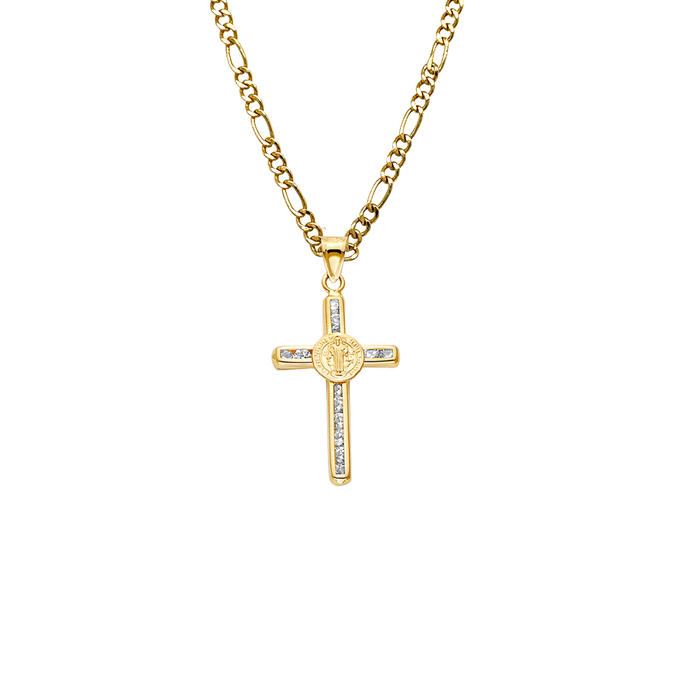 14k Gold Medalla San Benito - Gemstone Cross San Benito Gold Pendant - Solid Chain - LE2514
