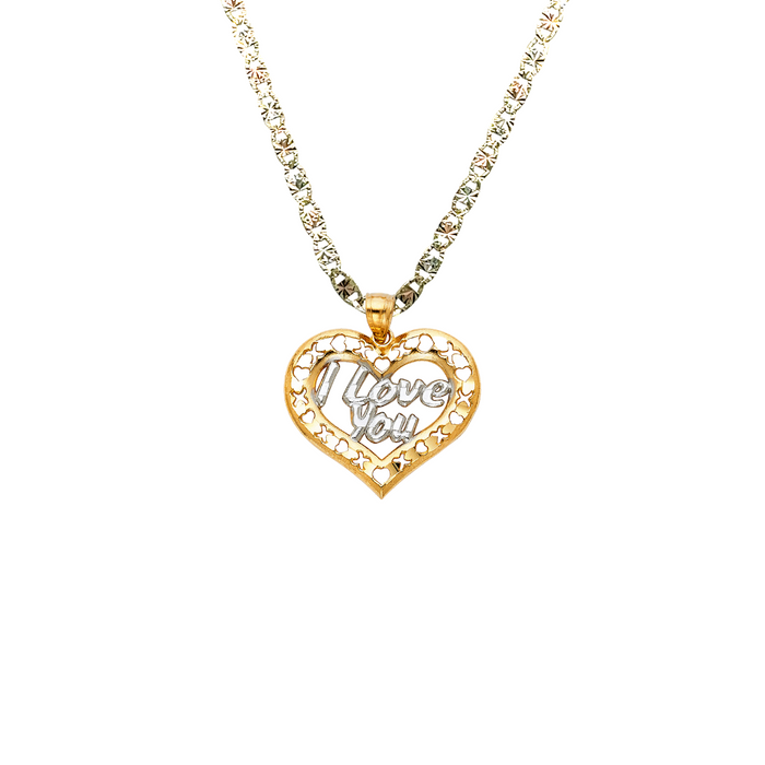 14k Gold Heart Necklace - I Love You Two Tone Gold Heart Pendant - Solid Chain - LE1818