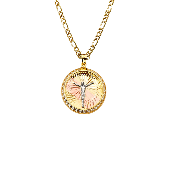 14k Gold Jesus Necklace - Tri Tone Gemstone Jesus Gold Pendant - Solid Chain - LE2256
