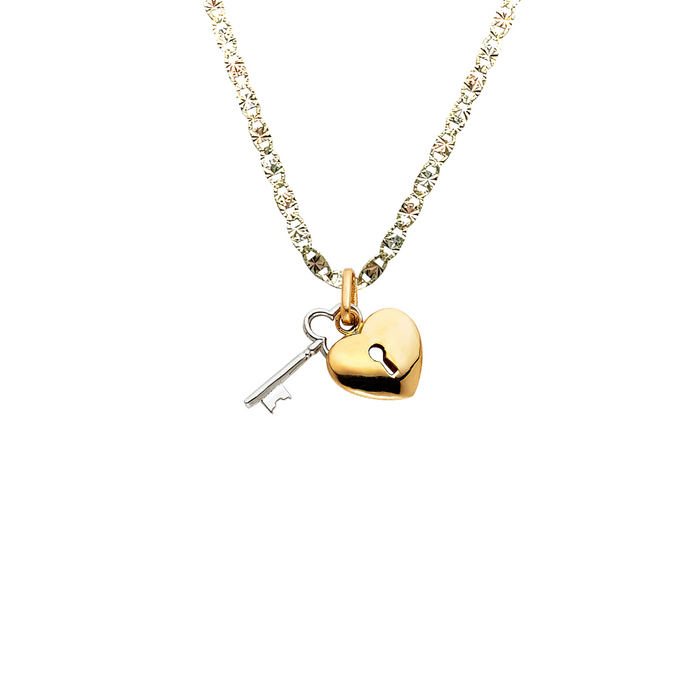 14k Gold Heart Necklace - Key Heart Gold Pendant - Solid Chain - LE0451