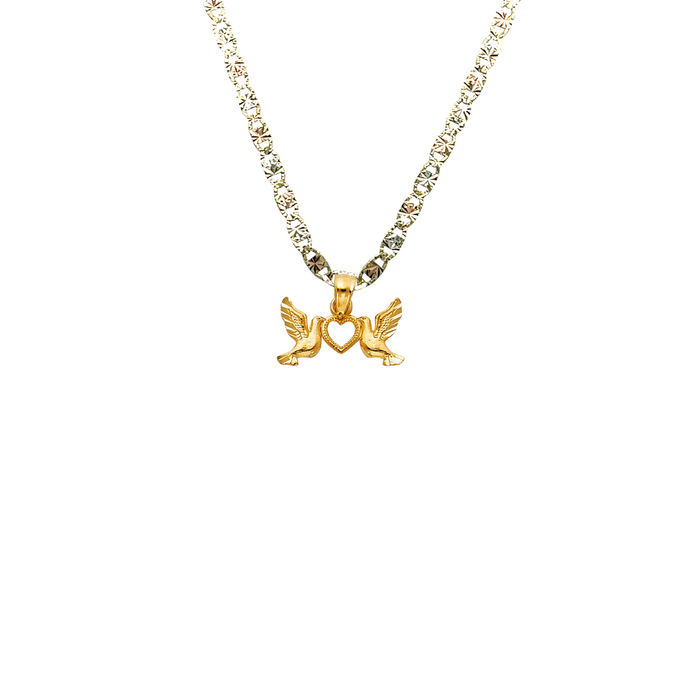 14k Gold Heart Necklace - Doves Gold Heart Pendant - Solid Chain - LE1497