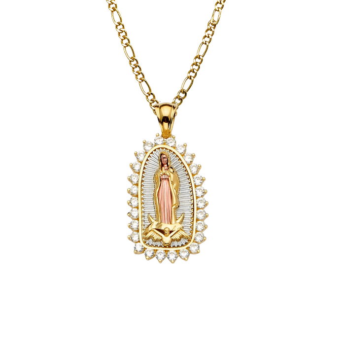 14k Gold Virgin Mary Necklace - Tri Tone Gemstone Virgin Mary Gold Pendant - Solid Chain - LE2285