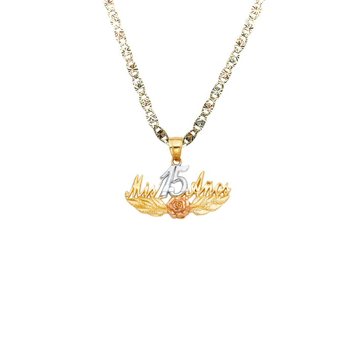 14k Quince Gold Necklace - Tri Tone Mis 15 Años Gold Pendant - Solid Chain - LE0376