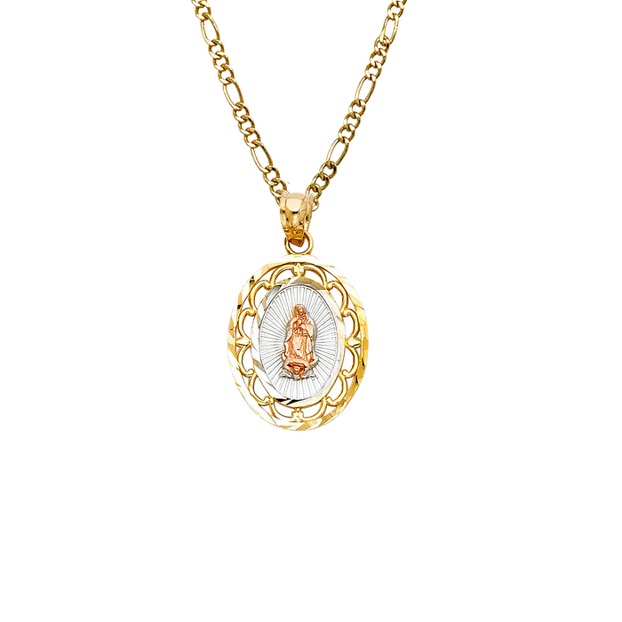 14k Gold Virgin Mary Necklace - Tri Tone Oval Virgin Mary Gold Pendant - Solid Chain - LE0380
