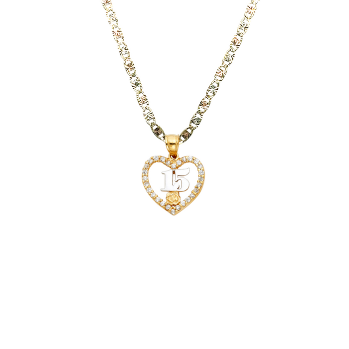 14k Quince Gold Necklace - Two Tone Gemstone Heart 15 Gold Pendant - Solid Chain - LE1877