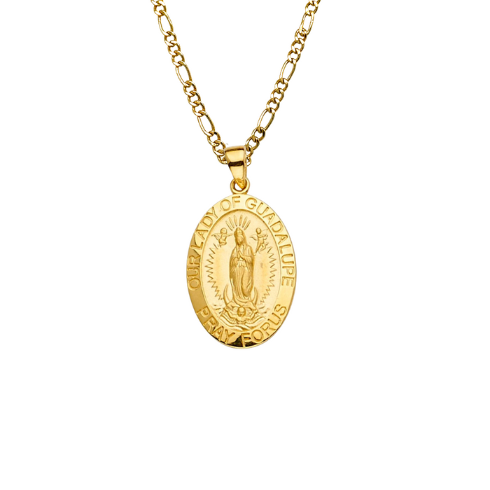 14k Gold Virgin Mary Necklace - Oval Our Lady of Guadalupe Virgin Mary Gold Pendant - Solid Chain - LE2300