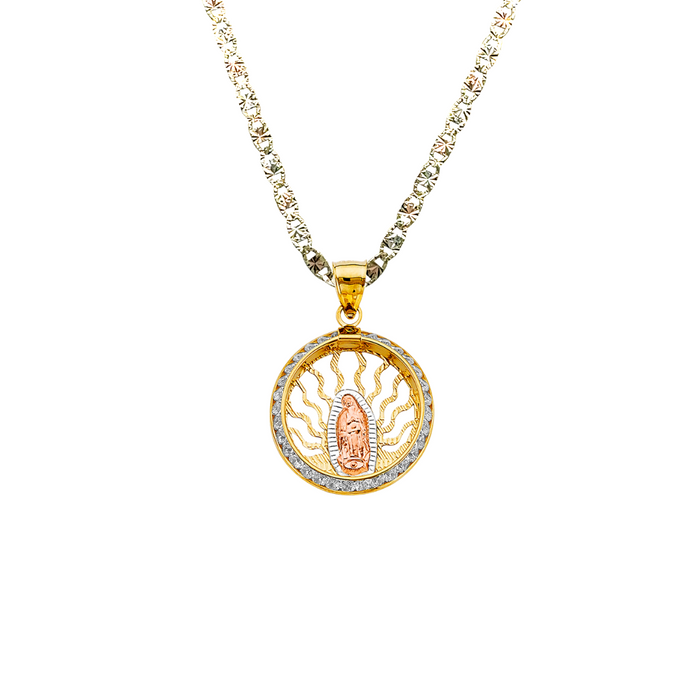 14k Gold Virgin Mary Necklace - Tri Tone Gemstone Virgin Mary Gold Pendant - Solid Chain - LE2723