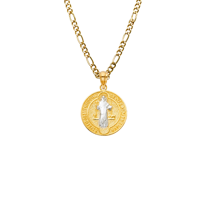 14k Gold Medalla San Benito - Two Tone San Benito Gold Pendant - Solid Chain - LE1155