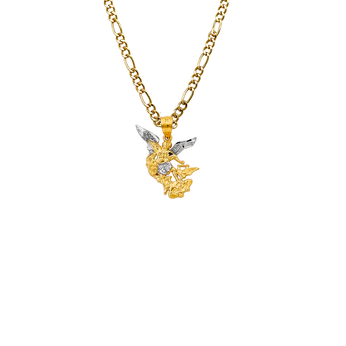 14k Gold Saint Michael Pendant - Two Tone Archangel Gold Pendant - Solid Chain - LE2776