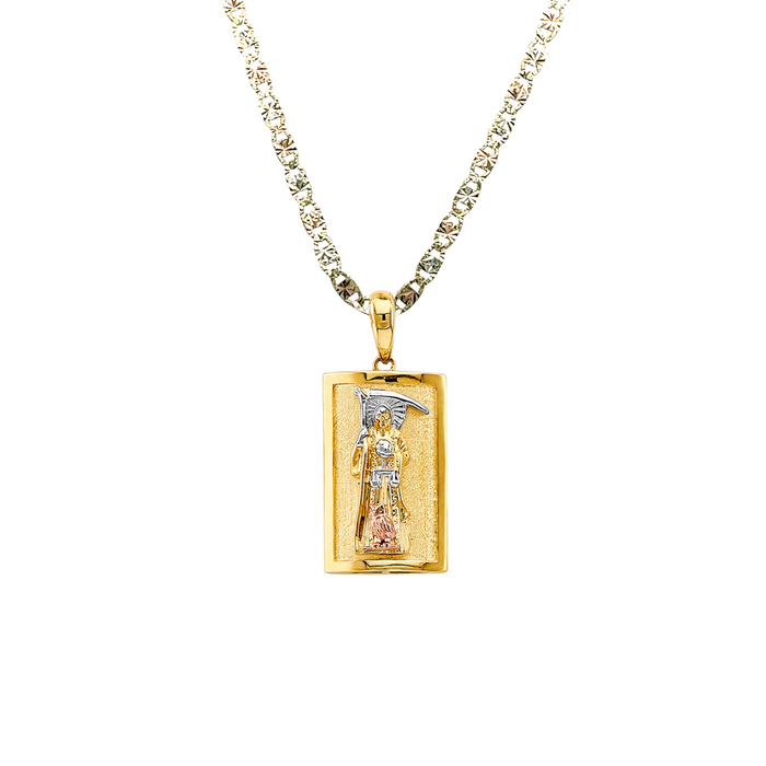 14k Gold Santa Muerte Necklace - Two Tone High Polish Santa Muerte Gold Pendant - Solid Chain - LE3011