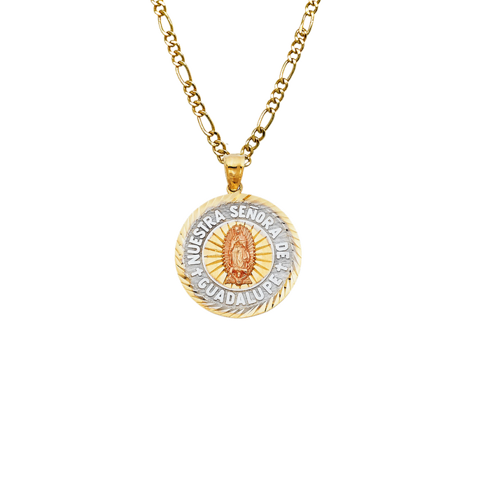 14k Gold Virgin Mary Necklace - Tri Tone Diamond Cut Guadalupe Virgin Mary Gold Pendant - Solid Chain - LE1366