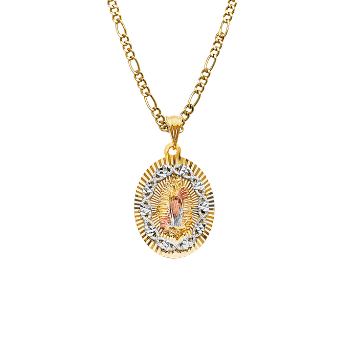 14k Gold Virgin Mary Necklace - Two Tone Diamond Cut Virgin Mary Gold Pendant - Solid Chain - LE3201