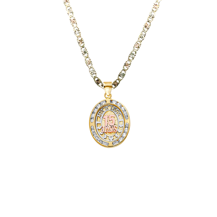 14k Quince Gold Necklace - Two Tone Oval Gemstone Mis 15 Años Gold Pendant - Solid Chain - LE2527