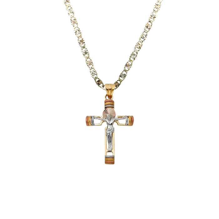 14k Gold Cross Necklace - Tri Tone Gold Crucifix - Solid Chain - LE0956