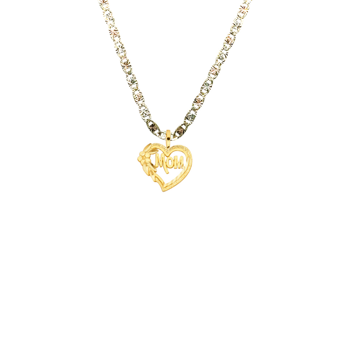 14k Gold Mom Necklace - Diamond Cut Flower Heart Mom Gold Pendant - Solid Chain - LE1838