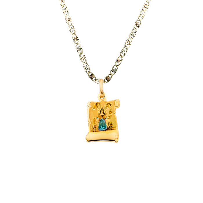14k Gold Santo Nino de Atocha Necklace - Colored Scroll Gold Pendant - Solid Chain - LE3141