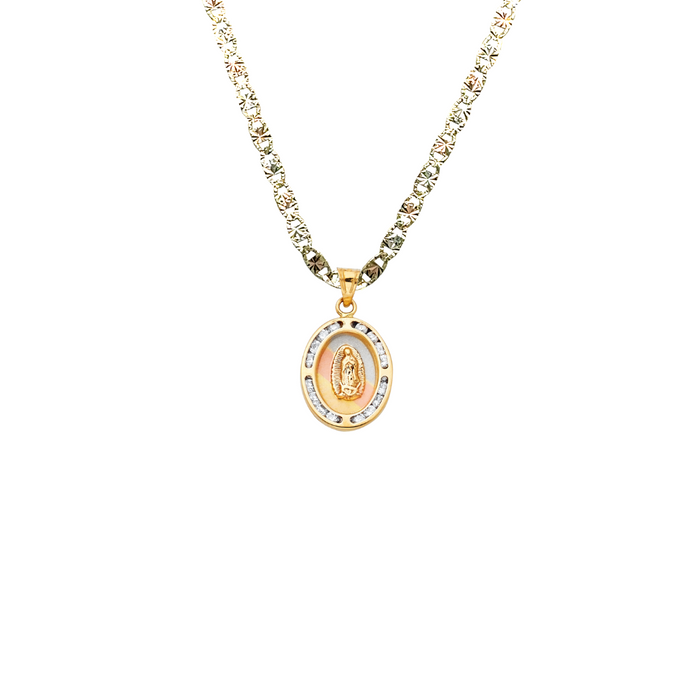 14k Gold Virgin Mary Necklace - Tri Tone Gemstone Oval Virgin Mary Gold Pendant - Solid Chain - LE0191