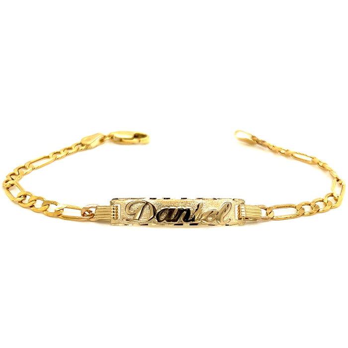 Gold Baby ID Bracelet 14k – Custom Name Plate - Raised Lettering - Solid Figaro Chain