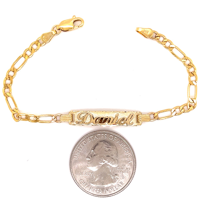 Gold Baby ID Bracelet 14k – Custom Name Plate - Raised Lettering - Solid Figaro Chain