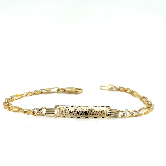 Gold Baby ID Bracelet 14k – Custom Name Plate - Raised Lettering - Solid Diamond Cut Figaro Chain