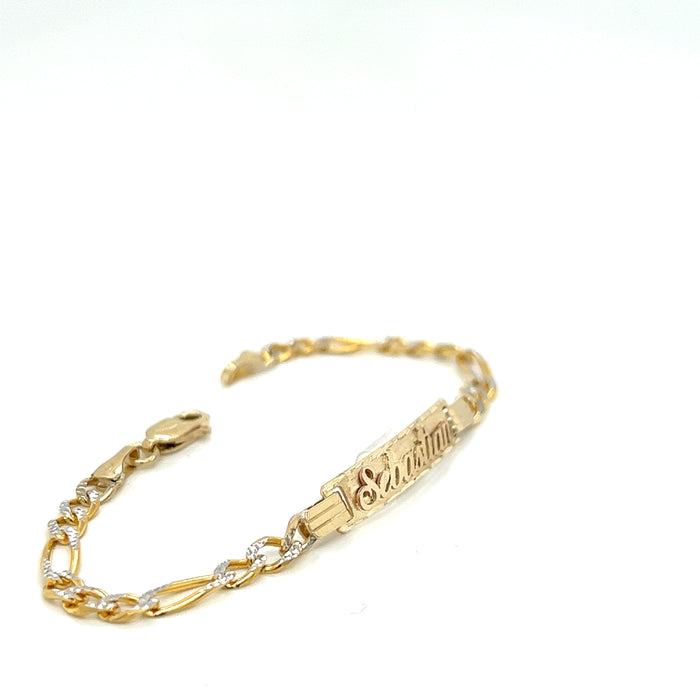 Gold Baby ID Bracelet 14k – Custom Name Plate - Raised Lettering - Solid Diamond Cut Figaro Chain