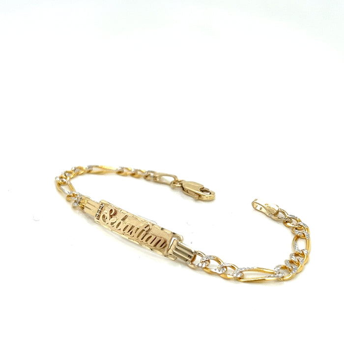 Gold Baby ID Bracelet 14k – Custom Name Plate - Raised Lettering - Solid Diamond Cut Figaro Chain