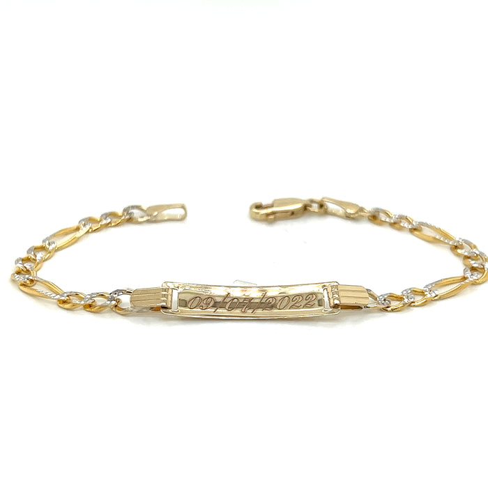 Gold Baby ID Bracelet 14k – Custom Name Plate - Raised Lettering - Solid Diamond Cut Figaro Chain